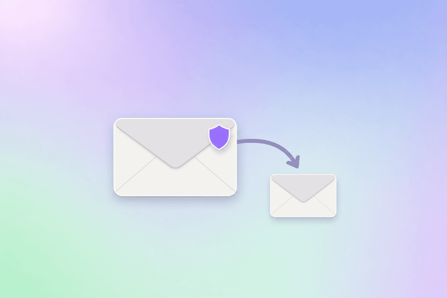 Flat vector illustration of a main envelope with a forwarding arrow to a smaller envelope and a single purple shield badge on pastel gradient