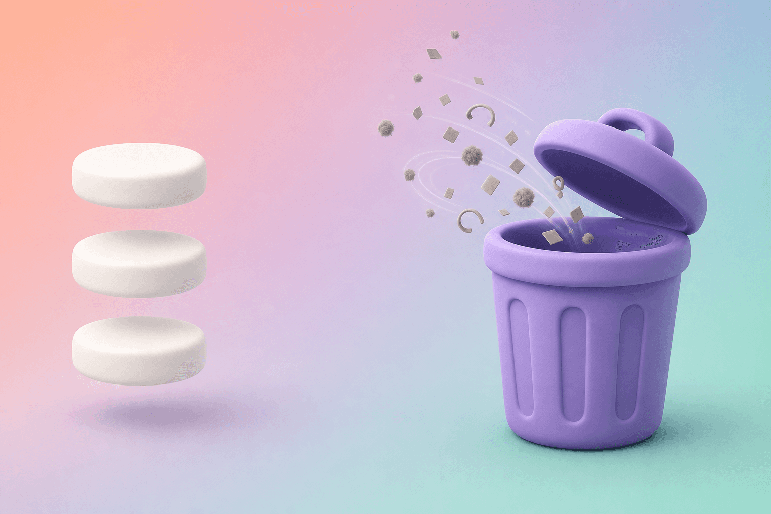 Claymorphism illustration split by a purple ribbon: cluttered grey shapes and scribbles versus neat white stacked tiles on pastel gradient