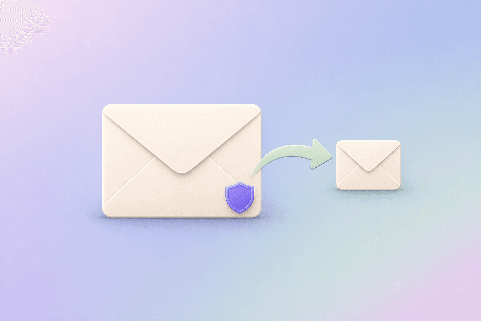 Flat vector illustration of a main envelope forwarding to a smaller envelope with a purple shield badge