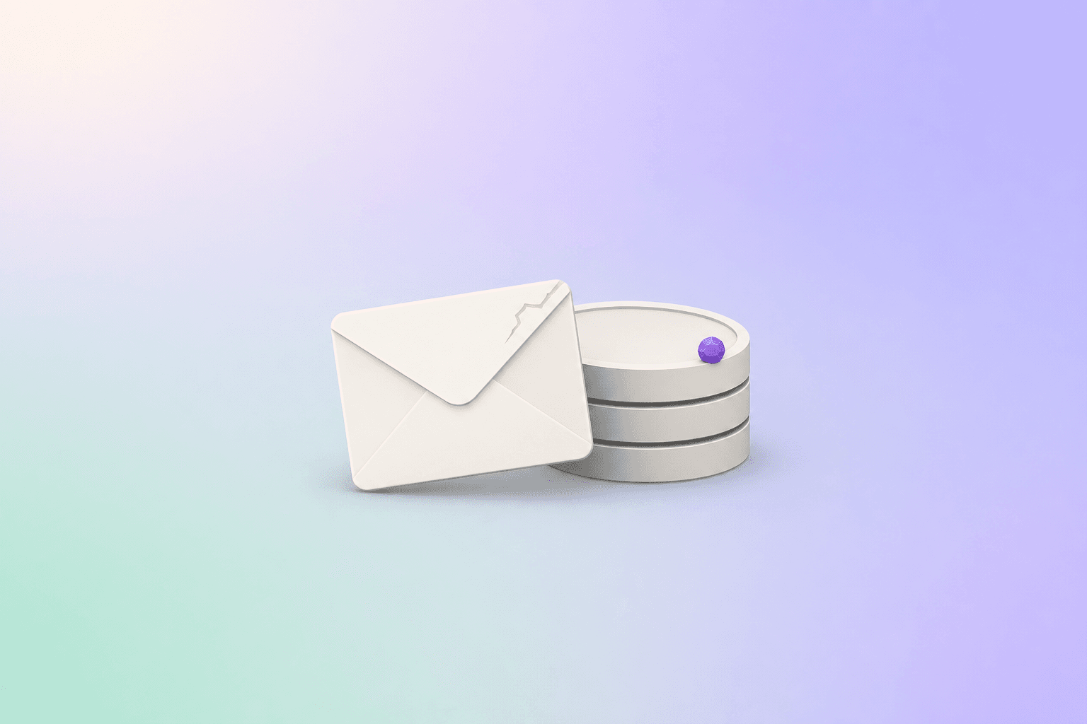 Flat vector illustration of an envelope beside stacked discs suggesting a database, with a purple accent gem