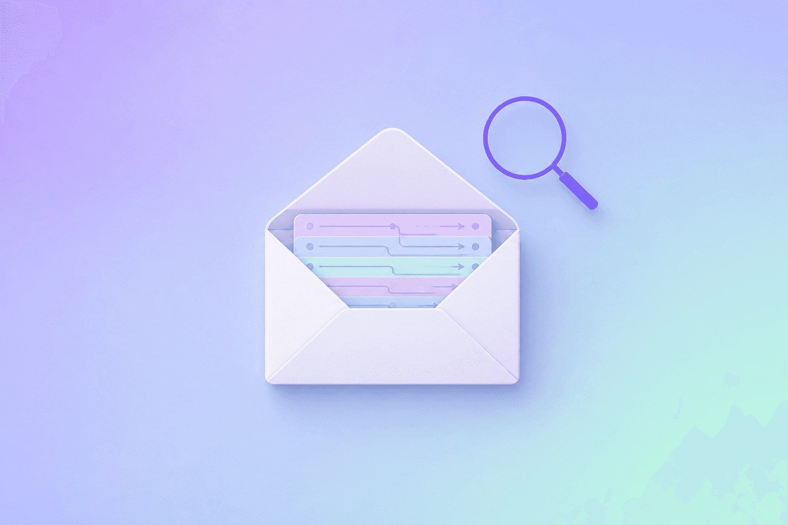 Flat vector illustration of an open envelope with routing bars inside and a purple magnifying glass