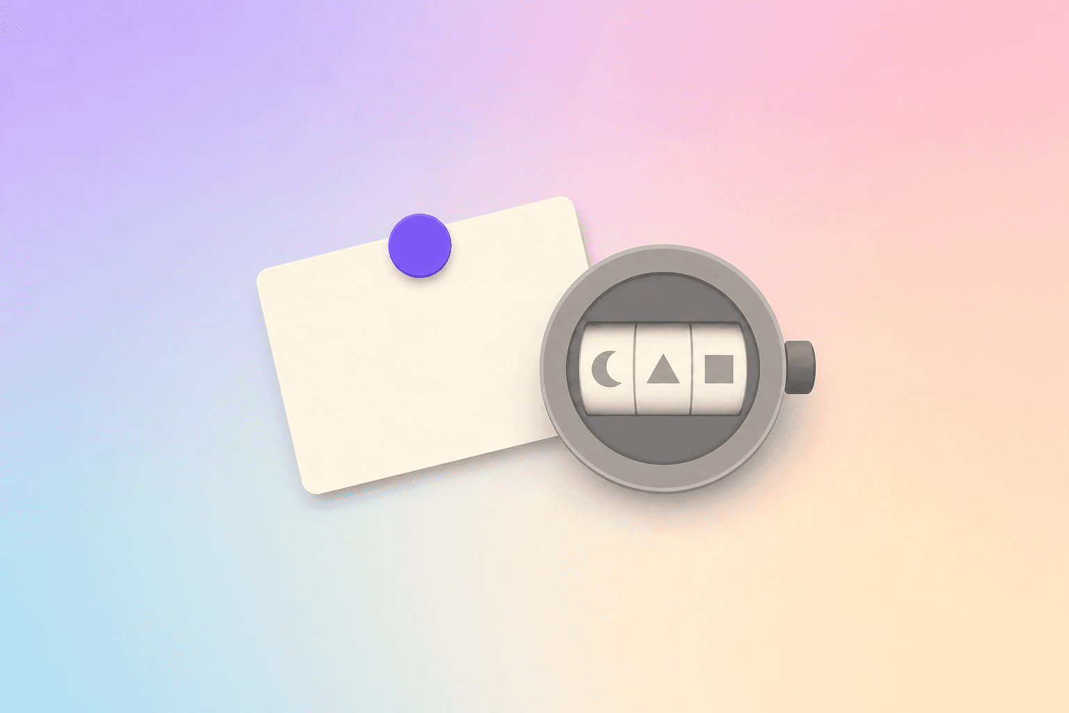 Flat vector illustration of a name tag beside a spinner dial with abstract glyphs and a purple pin