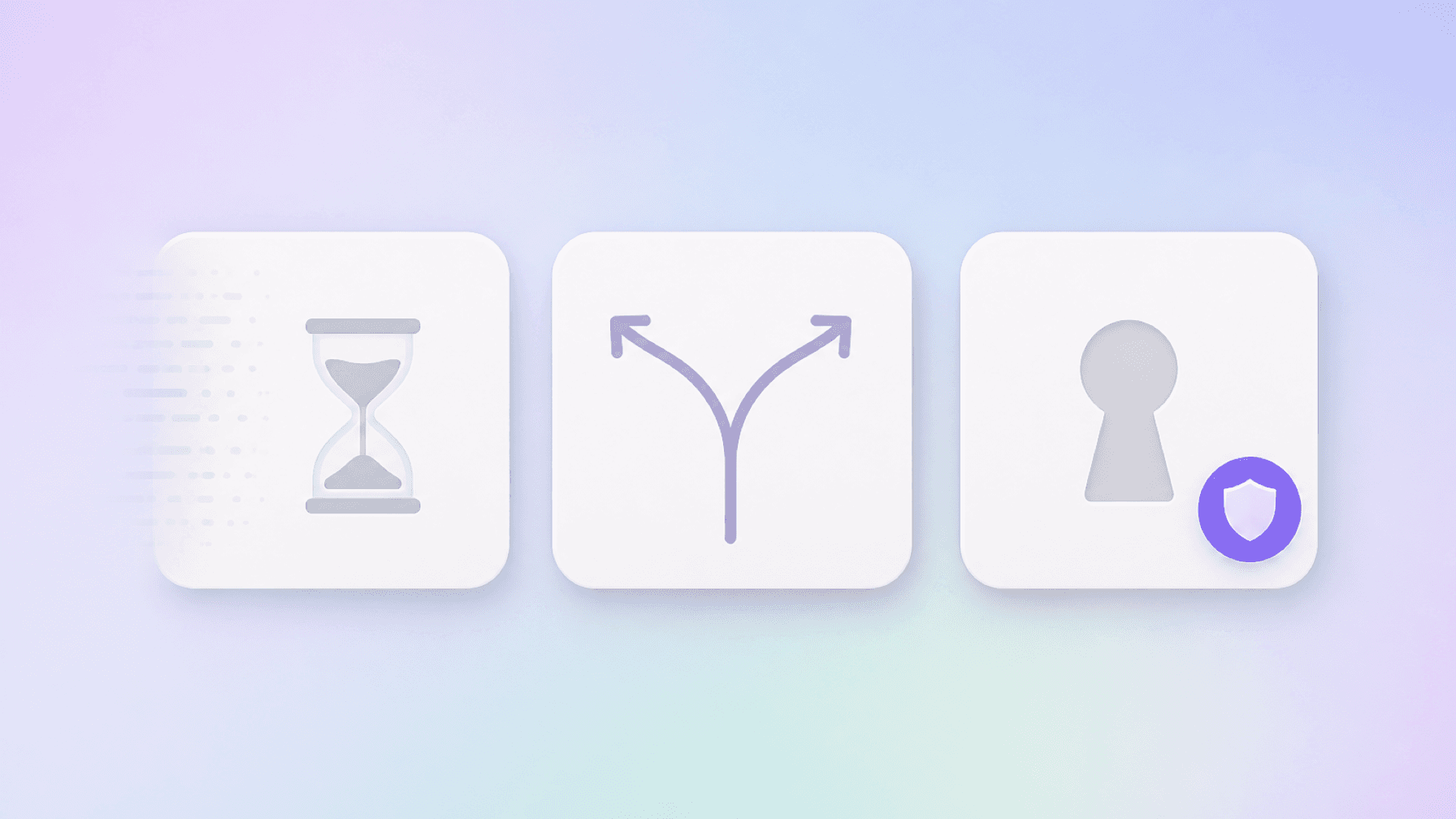 Flat vector illustration of three rounded tiles in a row suggesting ephemeral access, split routing, and a keyed identity path, with a single purple shield medallion on a pastel gradient